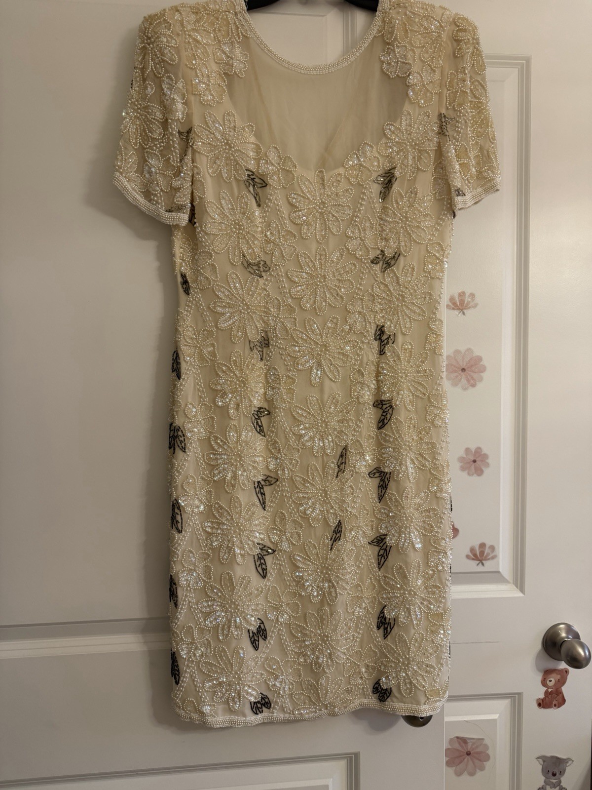 Joan Leslie Evenings 8 Ivory Beaded Sequin Mesh Silk Sheath Dress Knee