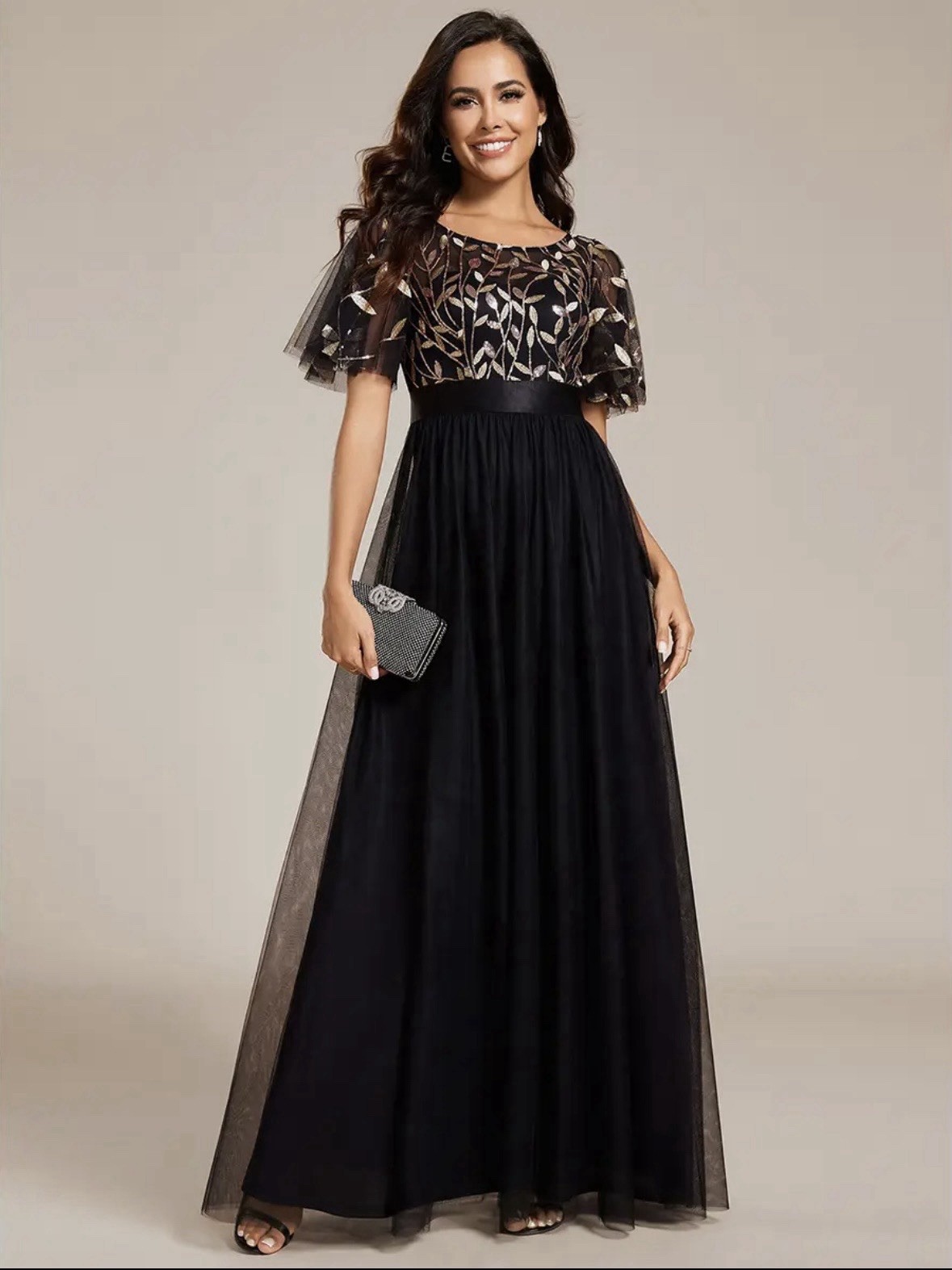 Ever Pretty Gold Black Sequin Floral Tulle Evening Dress