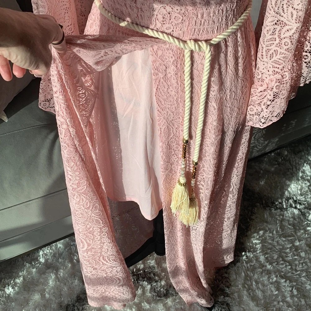 Venus Pink Lace Boho Bell Sleeve Split Smocked Belted V Neck Dress