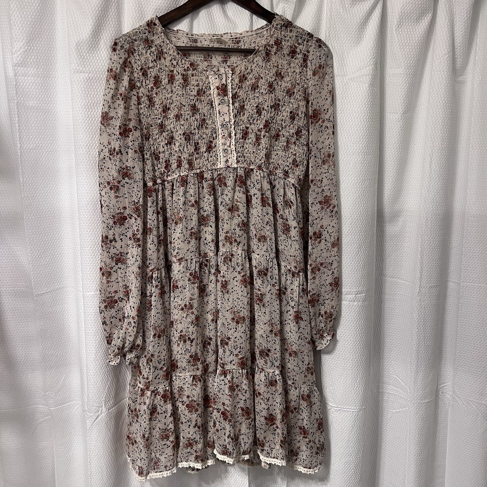 POL Dress Bohemian Smocked Button Ivory Floral Peasant Feminine L Lace Cottage