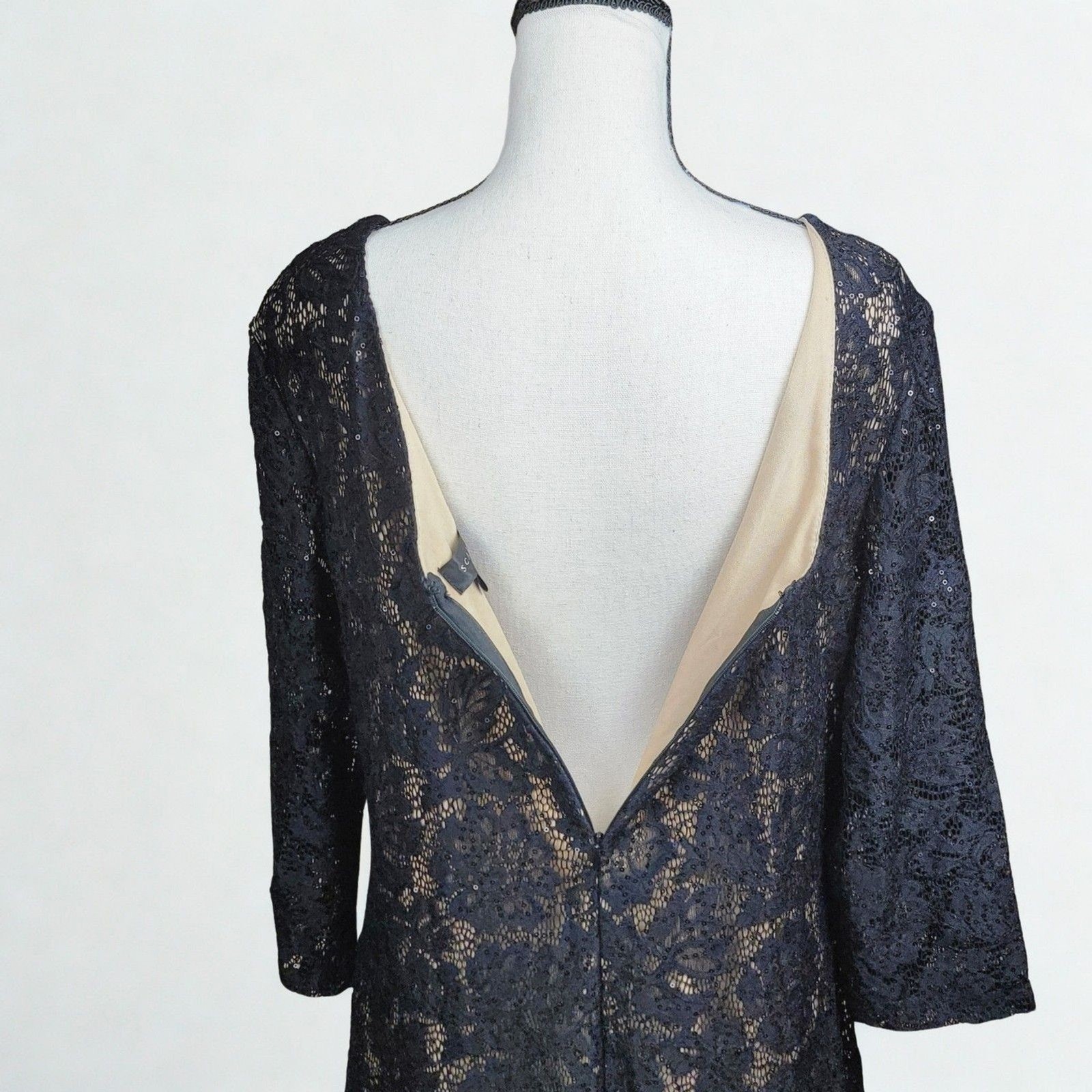 Scarlett Black Lace Sequin 3/4 Sleeve Cocktail Formal Dress Size 16 Knee Length