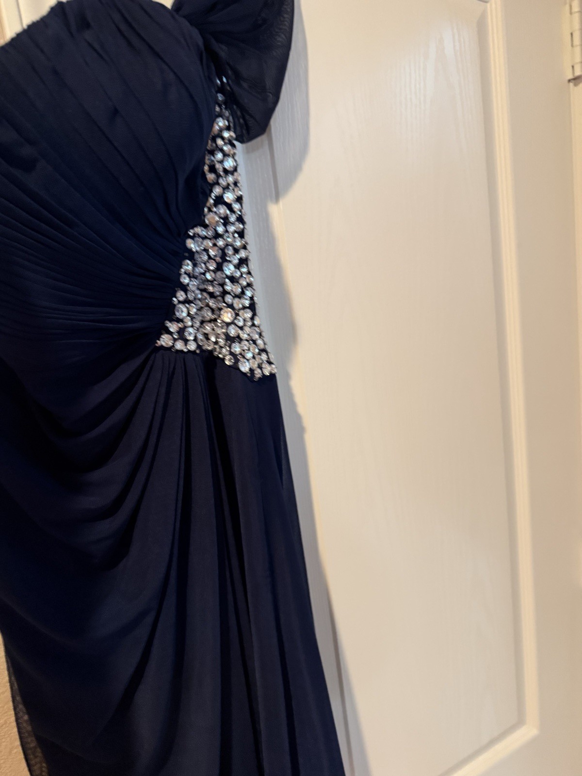 Xscape Navy Blue One Shoulder V-Neck Chiffon Rhinestone Sheath Dress 12