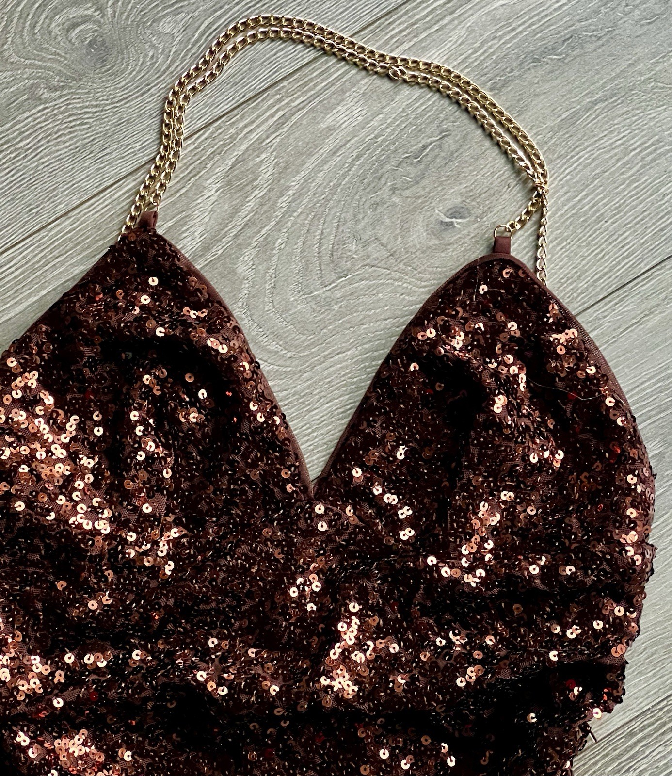 Crystal Doll Bronze Sequin Mini Dress Sz M Gold Chain Straps Ruched Party Dress