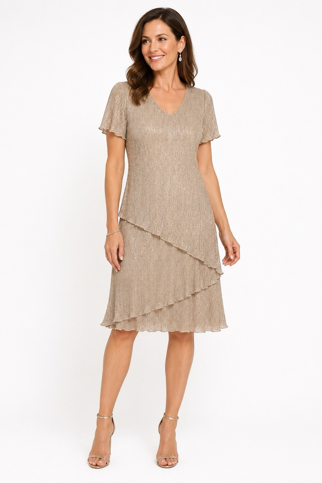 Connected Apparel Metallic Shimmer Overlay Dress Women’s Size 6 Champagne