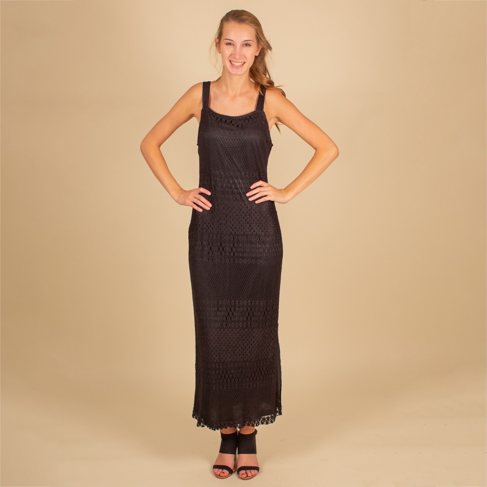 Vtg 90s BIA Maxi Dress Medium Black Crochet Festival Boho Hippie Vamp Witch Lace