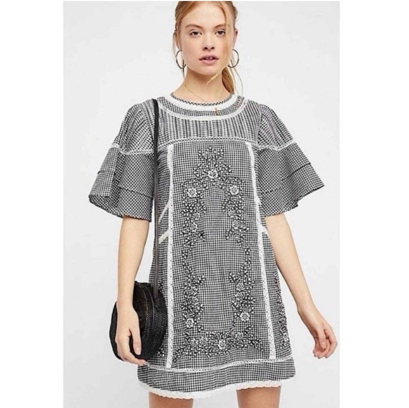 Free People Sunny Day Gingham Embroidered Floral Babydoll Dress Sz M Cottagecore