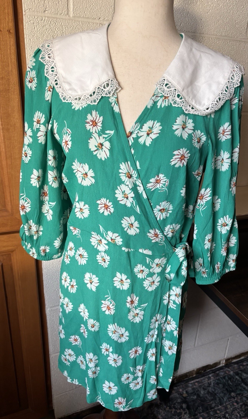Miss Selfridge Size 8 Collared Green Floral Wrap Dress 70s Preppy New