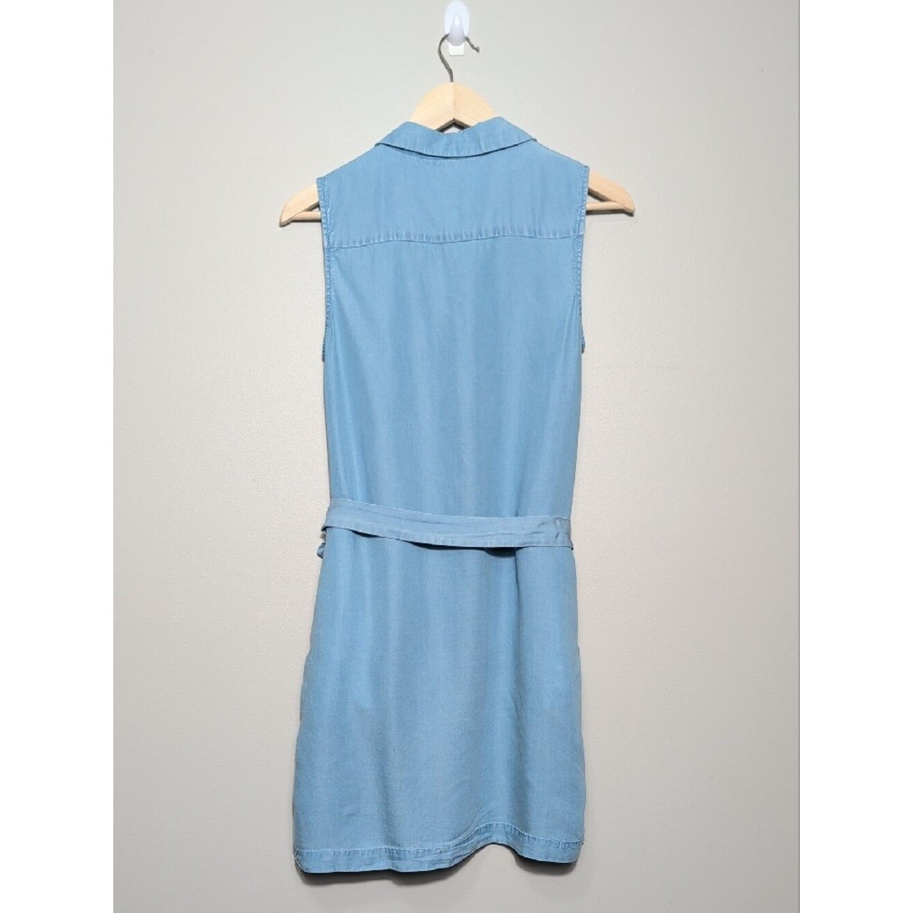 POPSUGAR Chambray Sleeveless Blue Button-Front Mini Shirt Dress Pockets Small