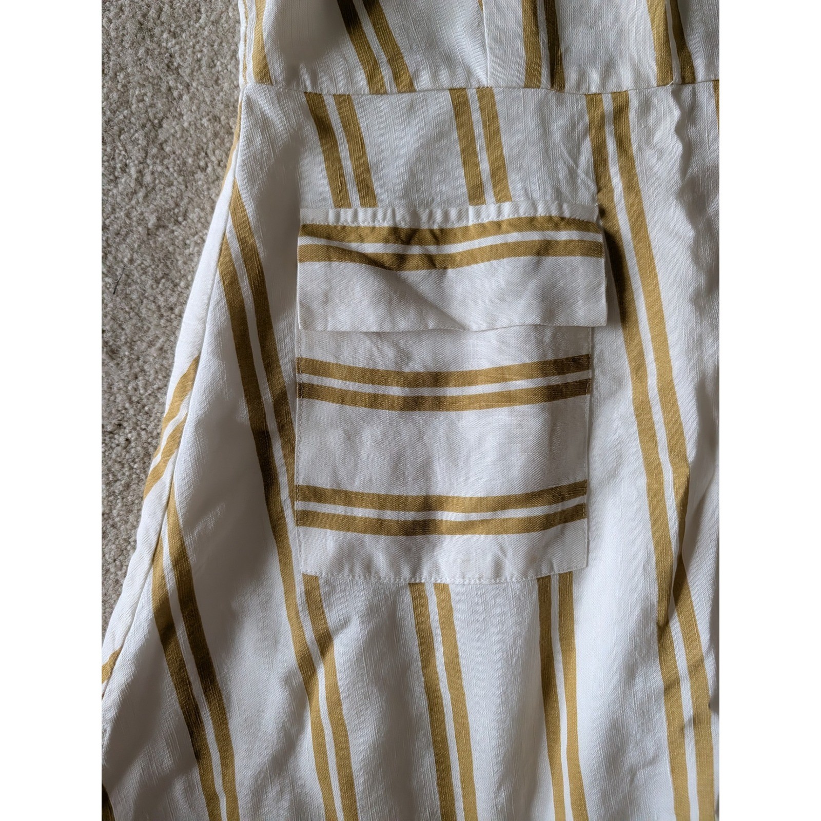 SANCIA Maise Dress White Mustard Yellow Striped Linen Blend Midi Sun Dress- S