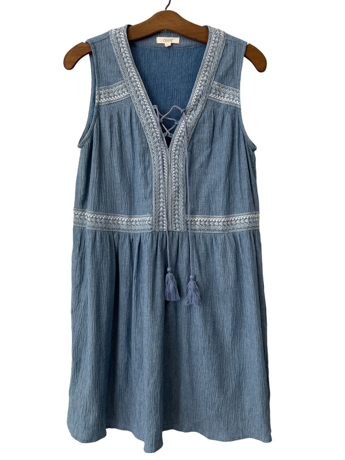 Oddi Mini Dress Size Small Crinkle Embroidered Lace Up V Neck Tassel Tie Summer