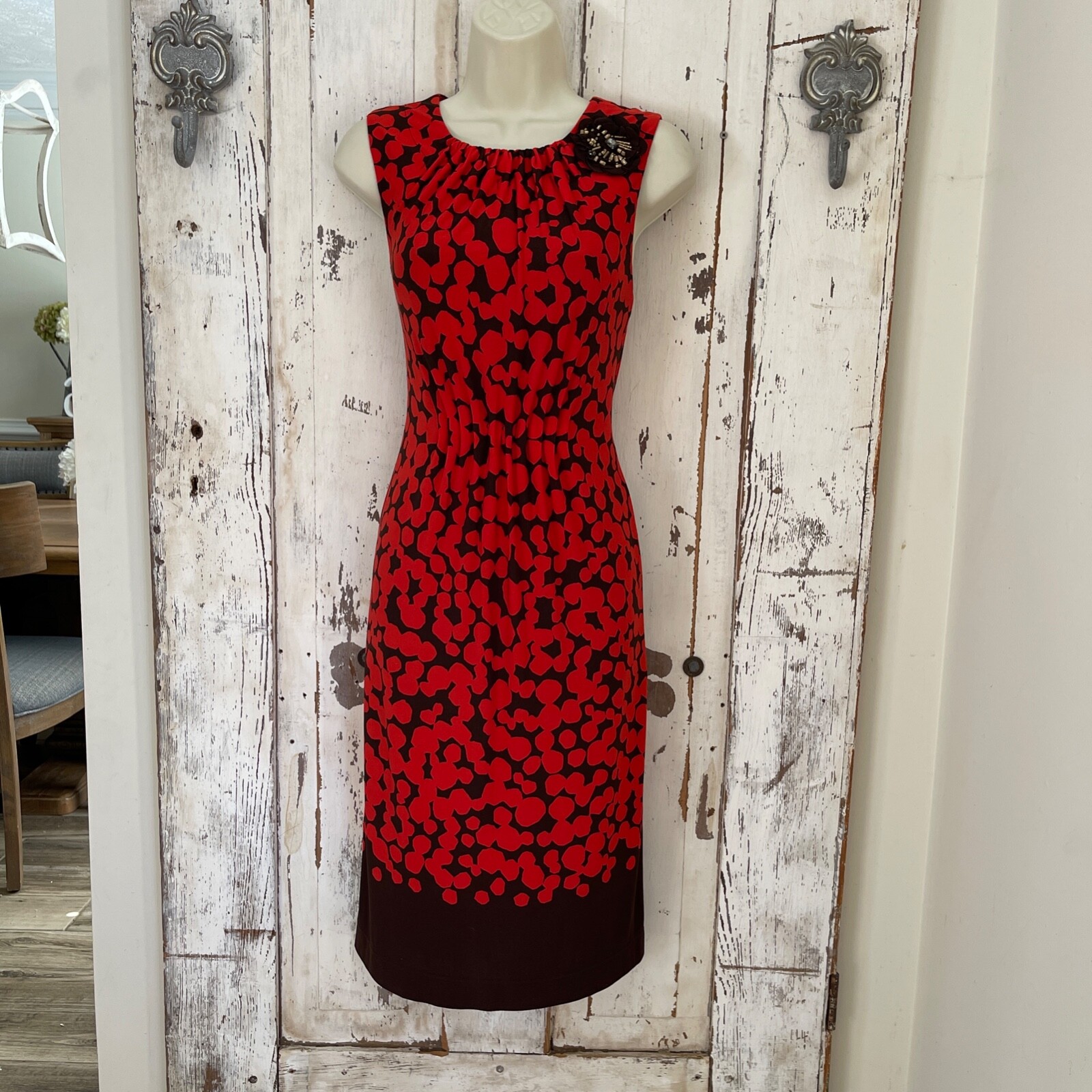 Taylor Size 8 Womanss Red Brown Polka Dot Sleeveless Sheath Career Classy Dress