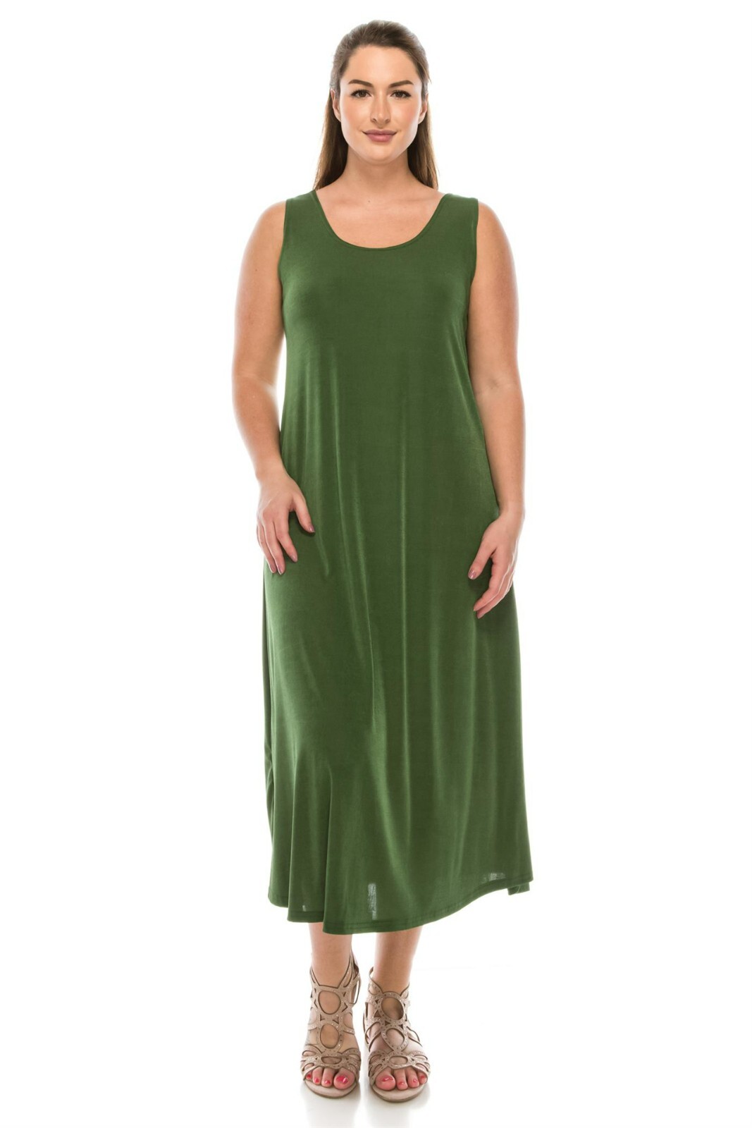 Travel Knit Dress, long A-Line Tank, Stretchy NO-IRON poly/span. Olive, 700