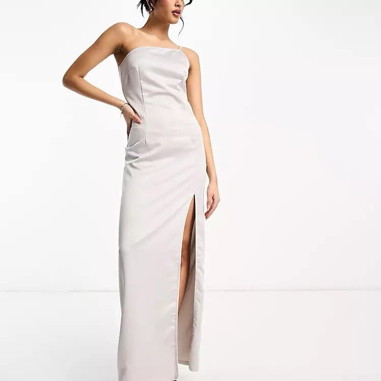 Extro & Vert Tall One Shoulder Maxi Dress With Split Stone Grey Satin – UK 10
