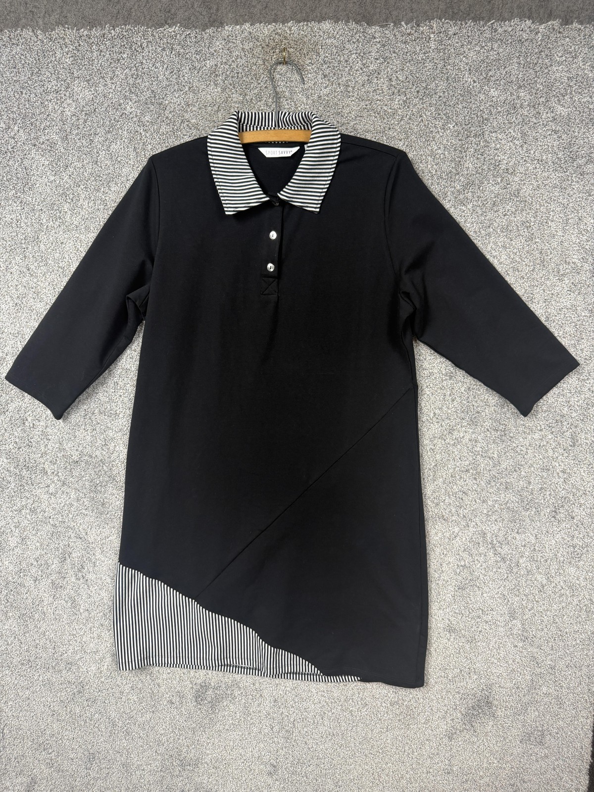 Sport Savvy Shirt Dress M Black Stripe Polo Collar Asym Hem Preppy Casual