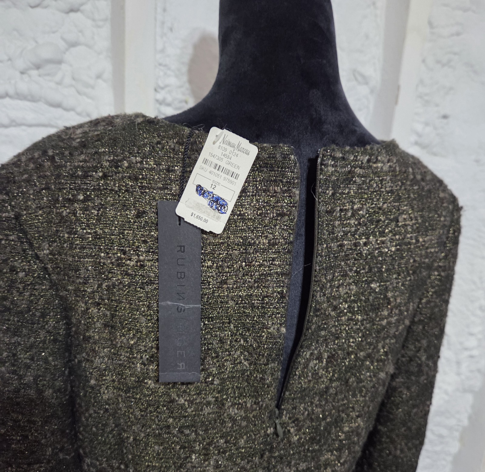 Rubin Singer Designer Metallic Olive Bronze Wool Blend Dress SZ 12 Neiman Marcus