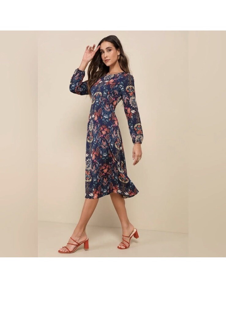 I. Madeline Garden Splendor Navy Blue Floral Print Long Sleeve Midi Dress M NWT