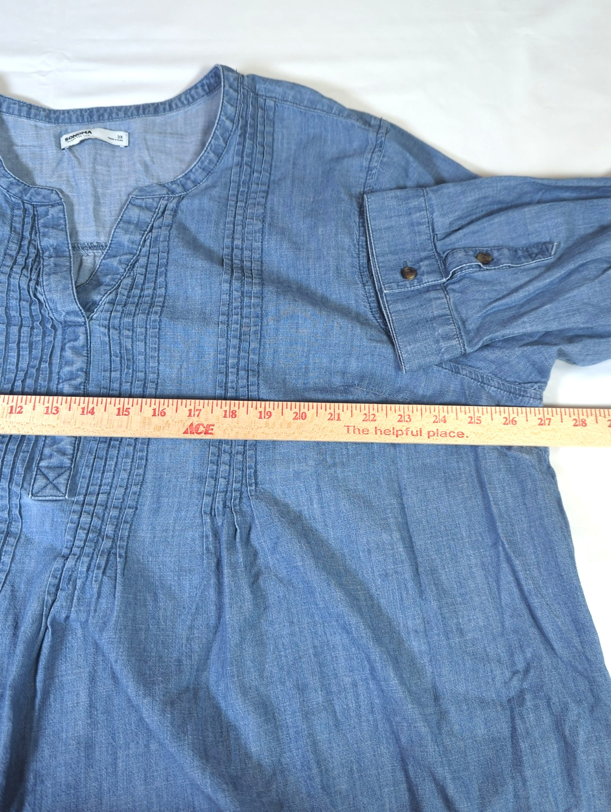 Plus Size 3X Shift Tunic Dress Cotton Lg Sleeve Pintuck Chambray Blue Relaxed