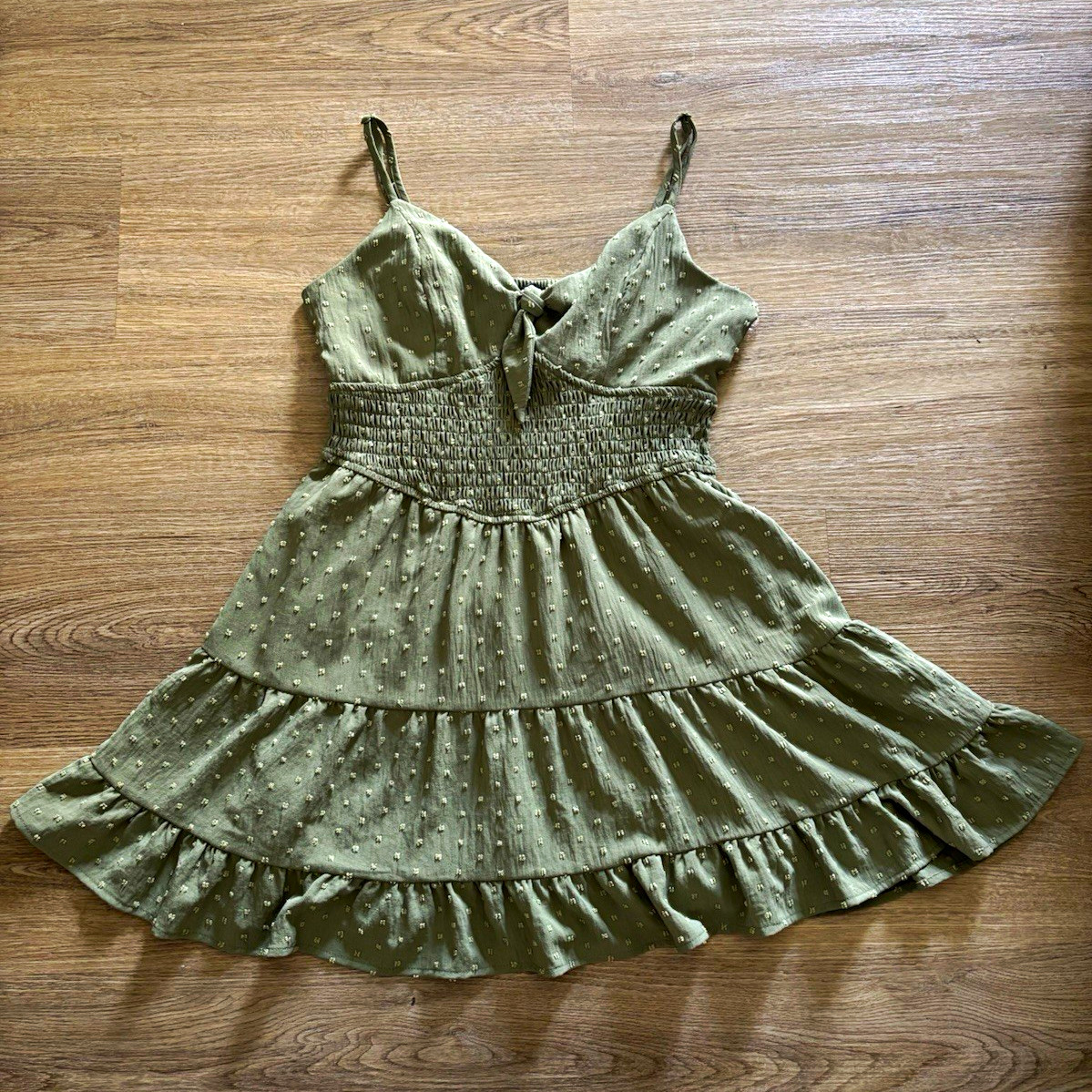 Green Smocked V-Neck Strappy Fit & Flare Short Dress Ruffle Bow L