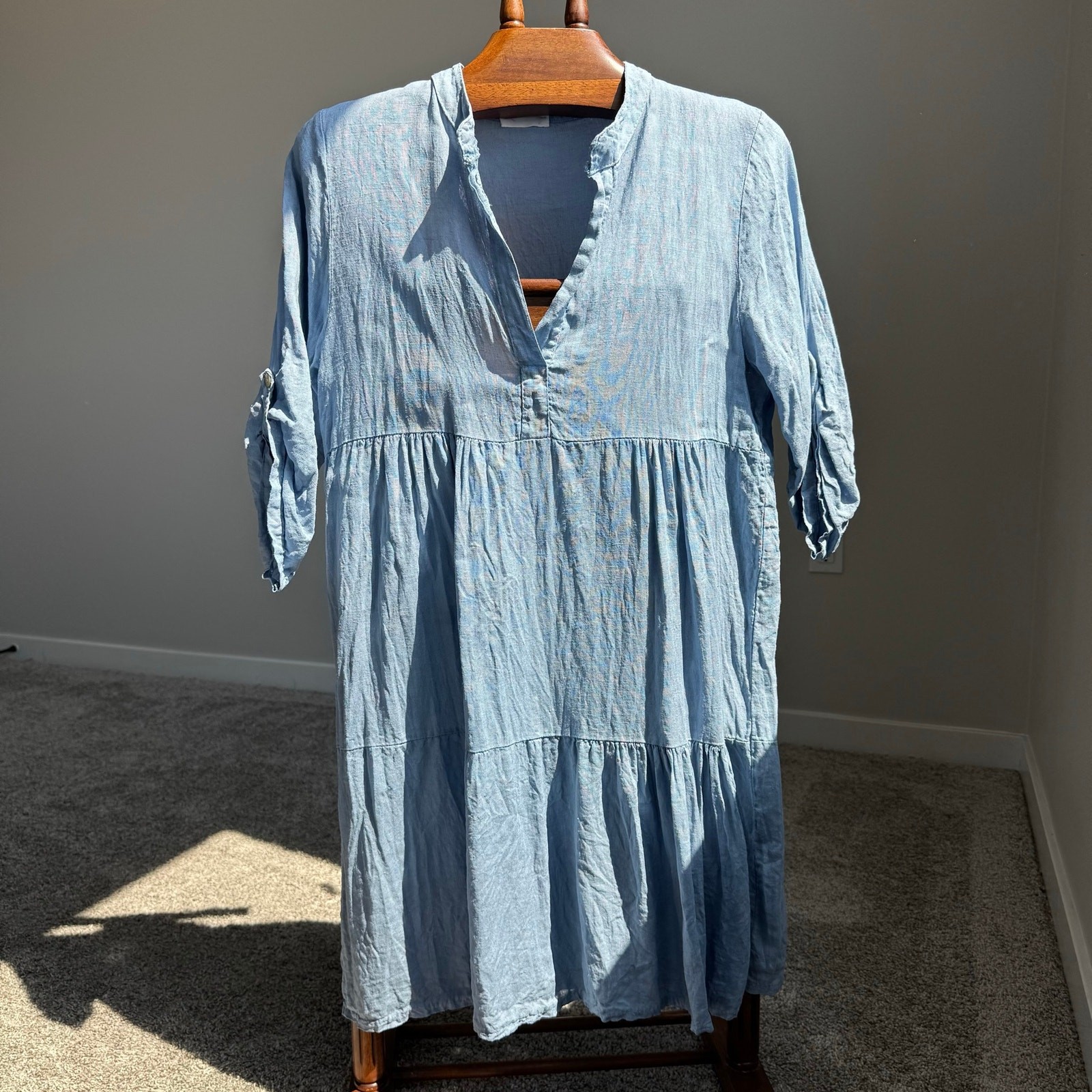 Italian 100% Linen Tiered Midi Dress Blue Boho Lagenlook Roll Tab Sleeve M