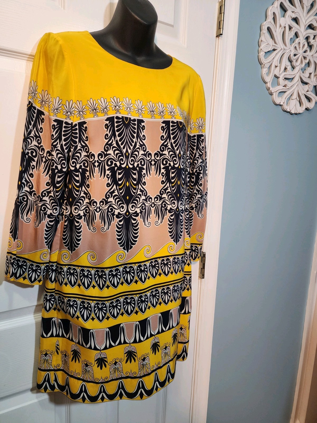 J. Crew Dress Size US 4 Yellow Navy Blue Gallery Printed Shift Women’s