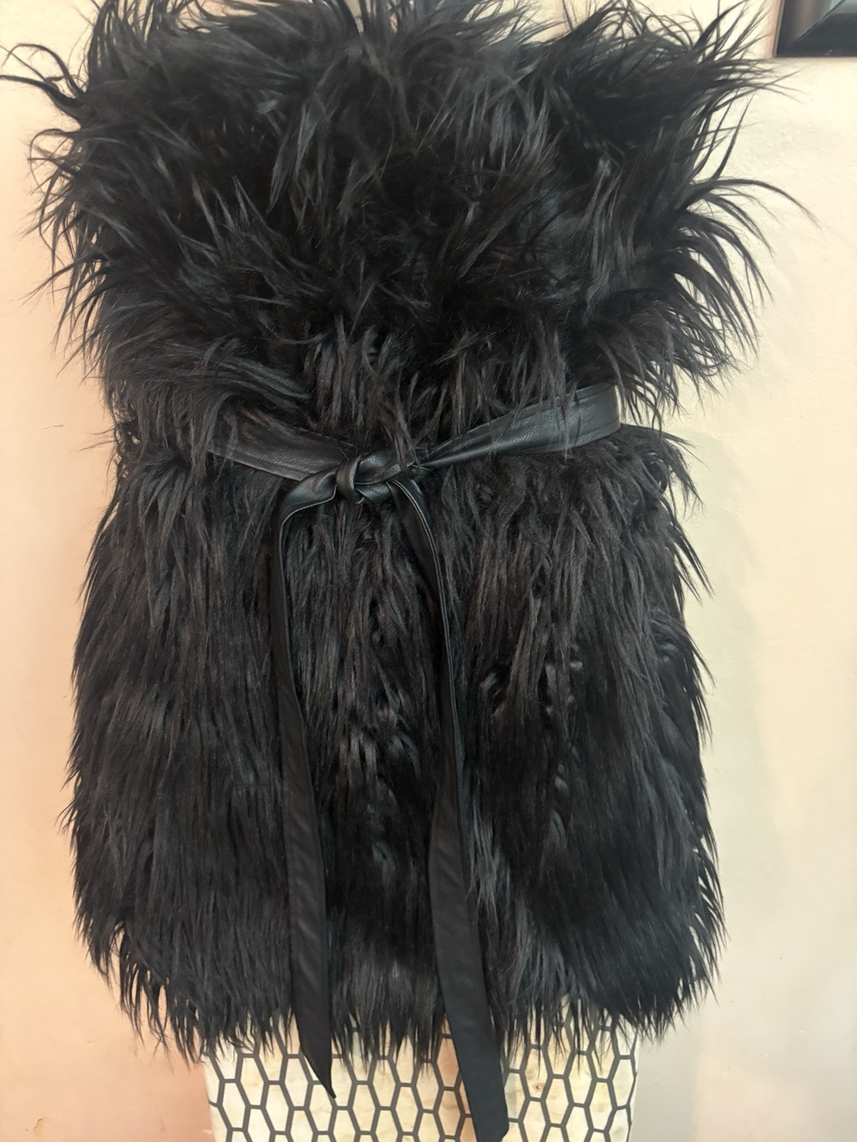 Black faux fur dress with tie waist, size L