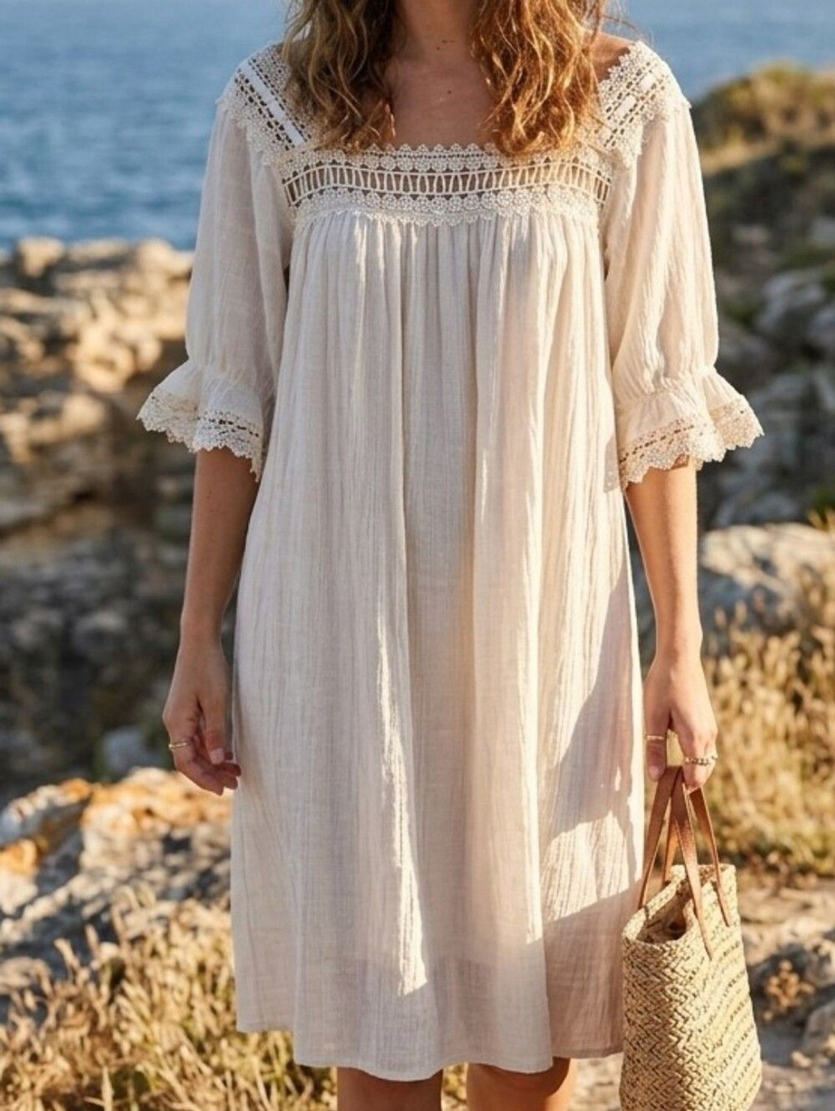 Indigo Rose Boho Lace Trim Dress – Cream Polyester/Rayon Blend – Size Large