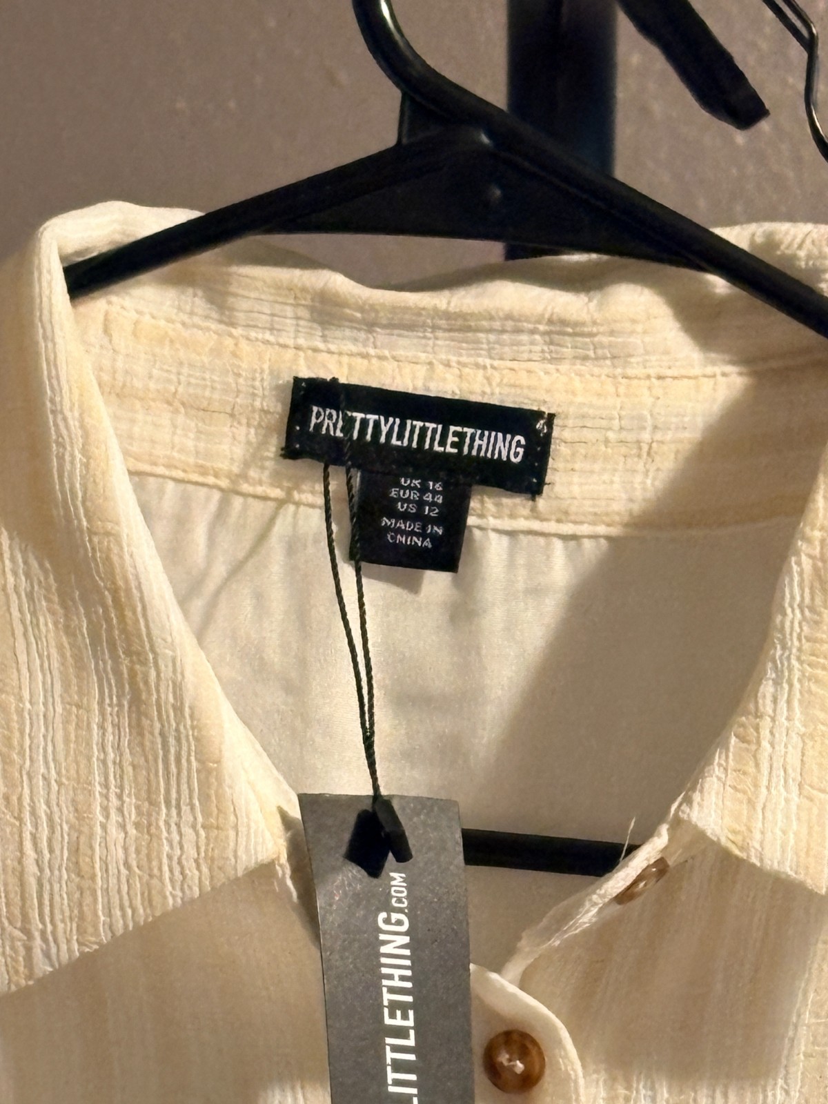 PrettyLittleThing – White w Yellow Stripes Button Up Dress, Cuffed Sleeve, Sz 12