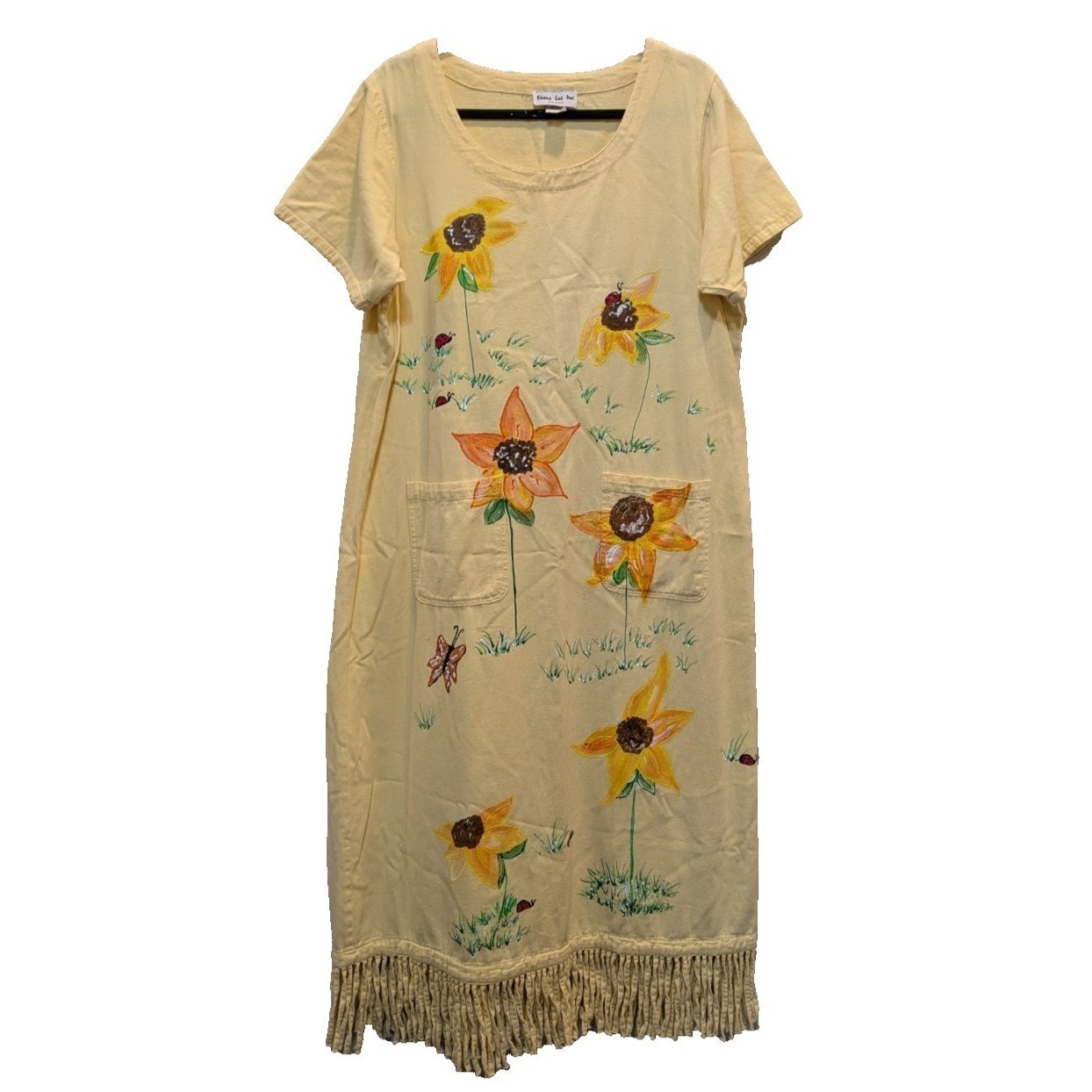 Vtg Shane Lee Inc Painted Sunflower Shift Dress Yellow Lg Art to Wear Fringe Hem