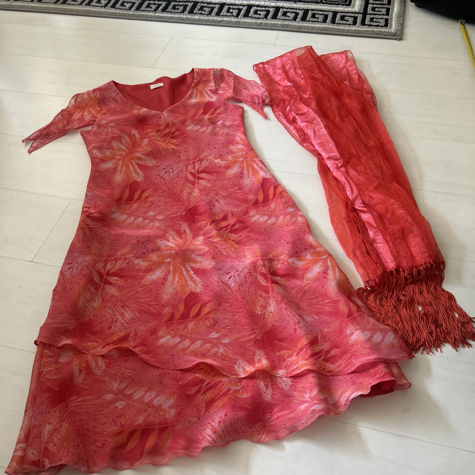 Max Pierre Pink Peach Floral Dress With Shawl Scarf Satin Lined Wedding Cruise
