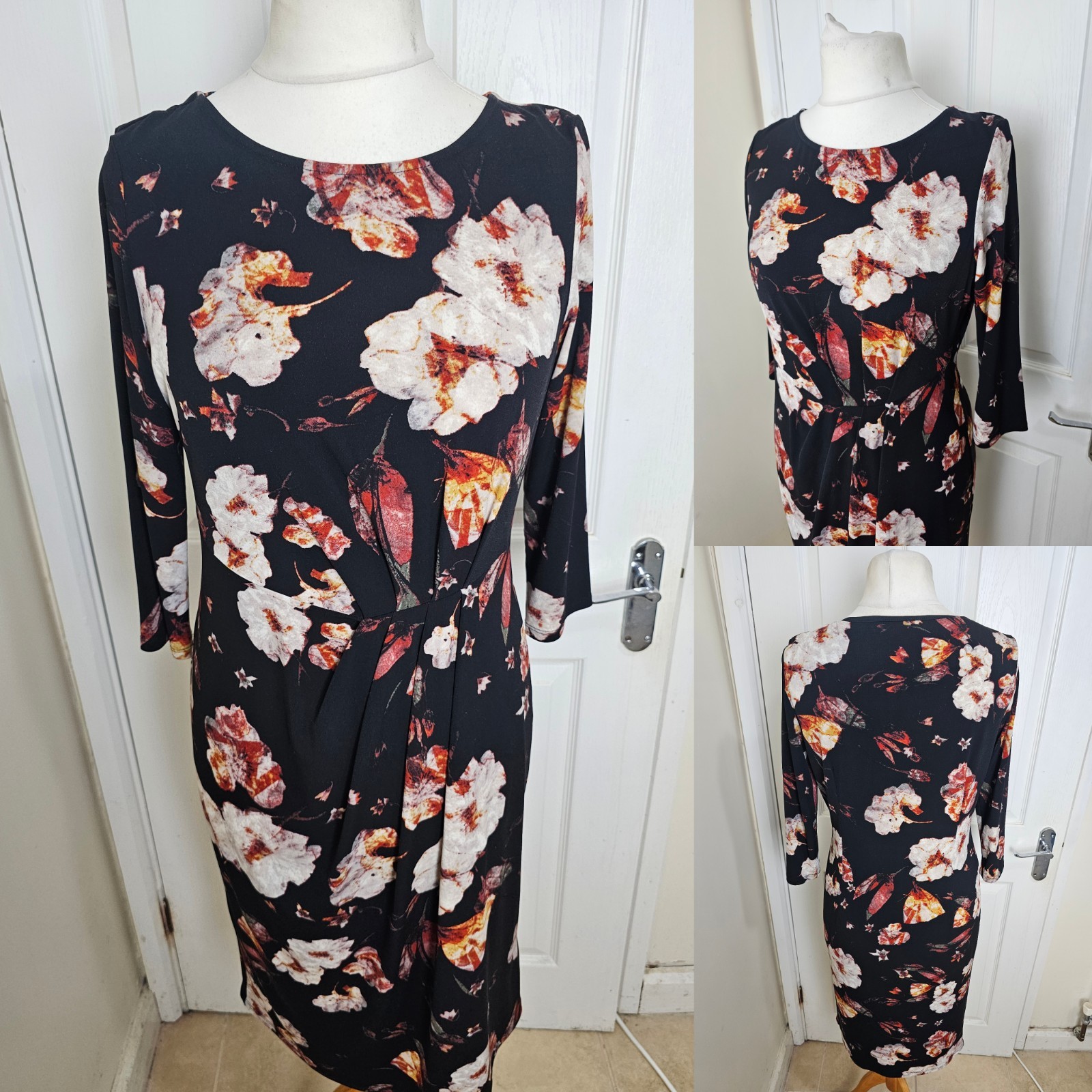 Size 14 M&S Black Copper Floral Midi Dress Casual Workwear