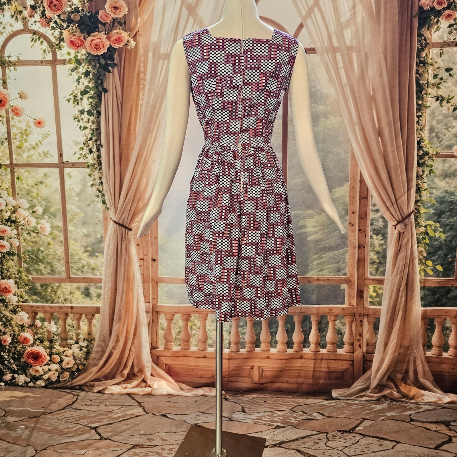 Vintage 1960’s Geometric Checkered Fit & Flare Dress Red White Navy Square Neck