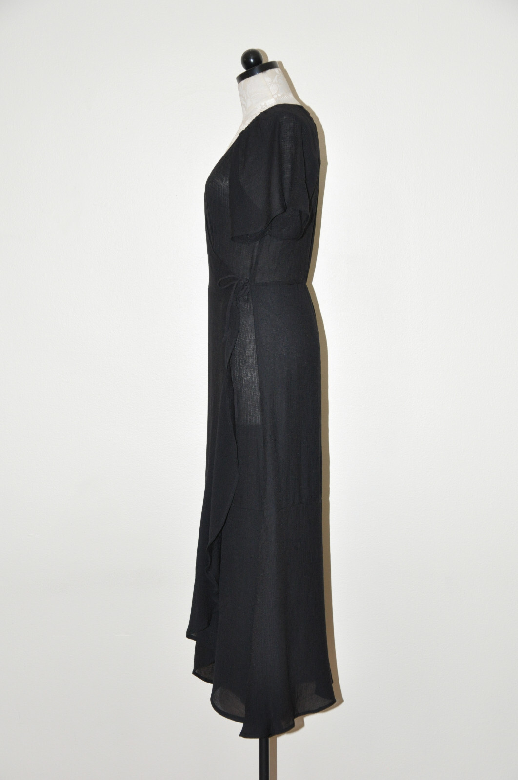 Lush Black Cotton Gauze Sheer Plunging Neckline Long Maxi Wrap Dress LBD Women M