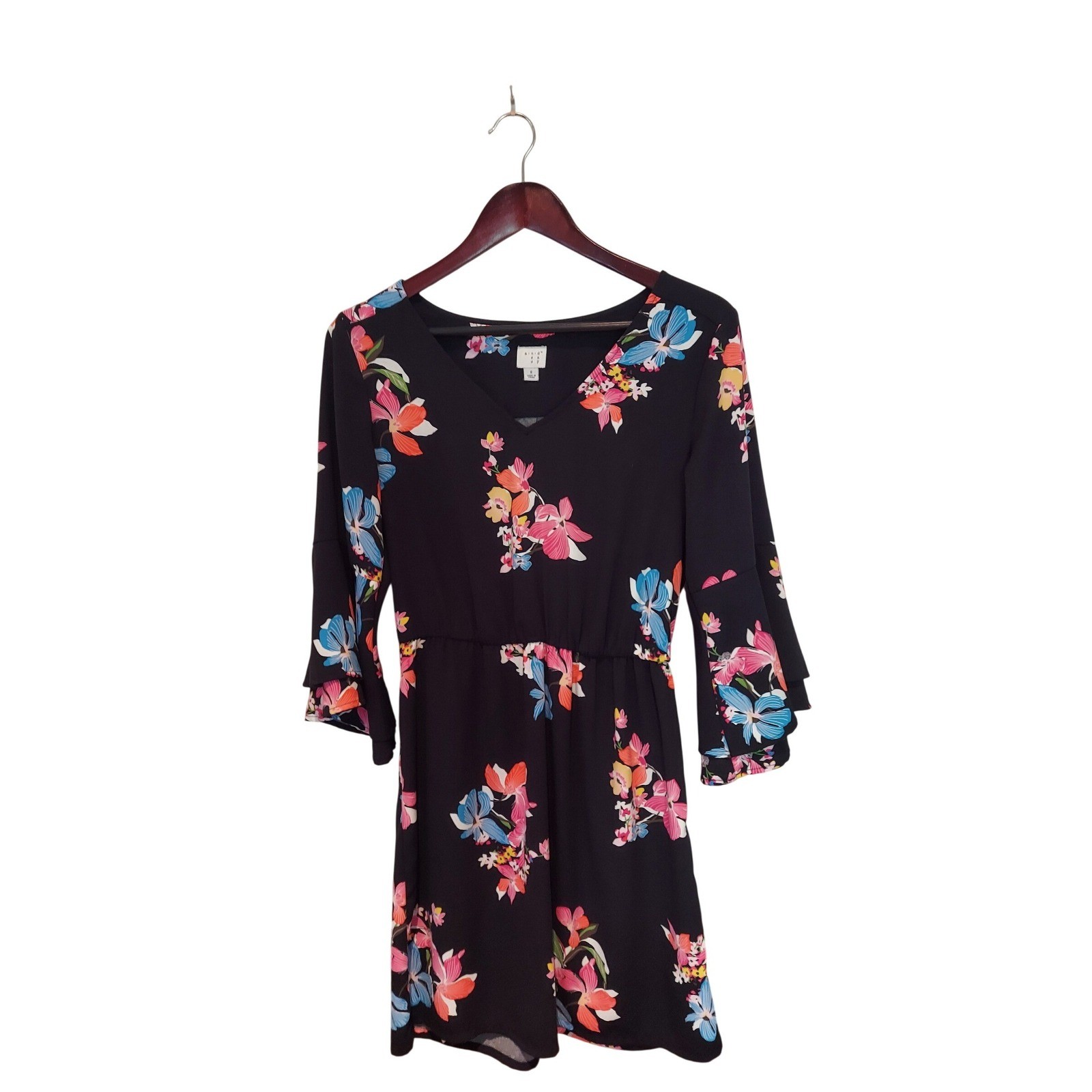 New Day Black Womens Dress Size SM Vibrant Floral Mini with Tiered Bell Sleeves