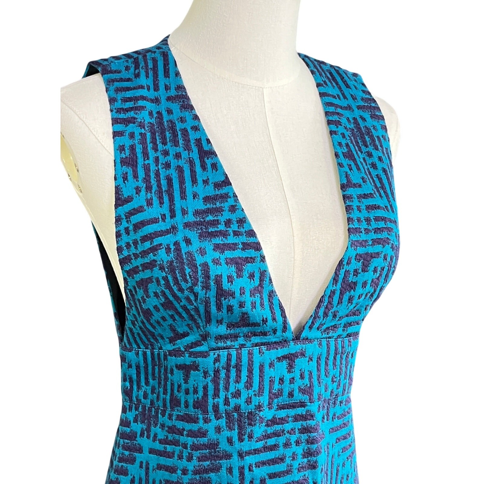 Anna Sui Teal Purple Jacquard Mini Dress Sleeveless Plunge Neck Size 0 USA
