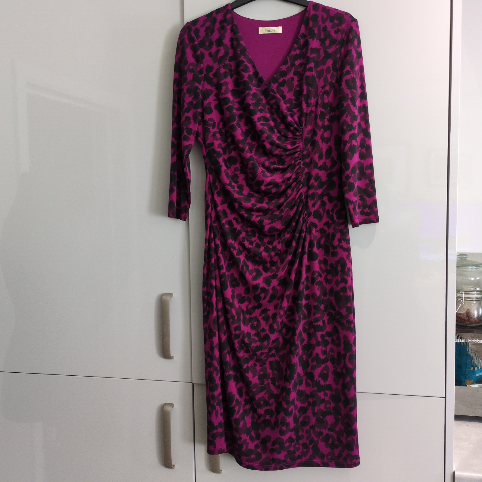 Precis Size 10 Purple Leopard Print Faux Wrap Dress 3/4 Sleeve