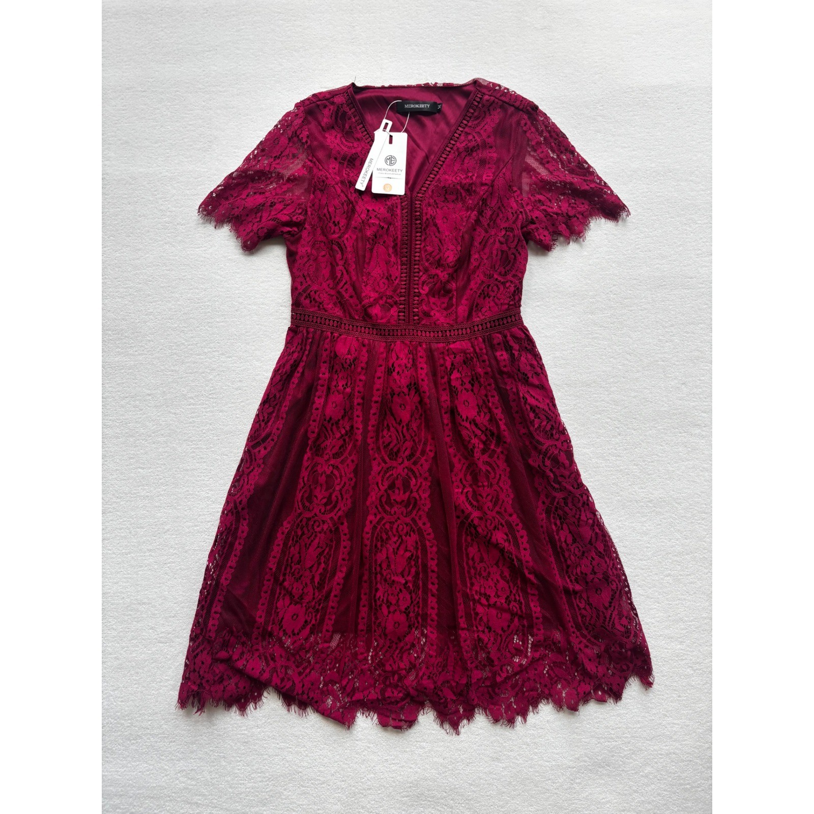 NWT Merokeety Lace Cocktail Dress Womens Size M Burgundy Short Sleeve A-Line