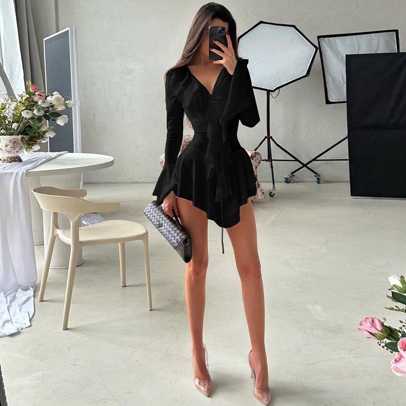 Women’s Long Sleeve Ruffles Mini Dress Lace-up V Neck Party Bodycon Dresses