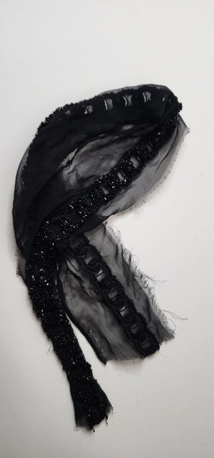 Handmade Custom Designer Black Beaded Lace Trim on Sheer Silk – 33″ Couture