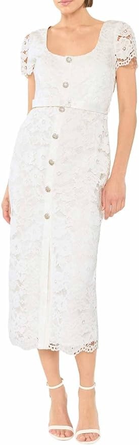 $298 Likely Dilana Dress White Lace Midi Cap Sleeve Belted Crystal Button 14
