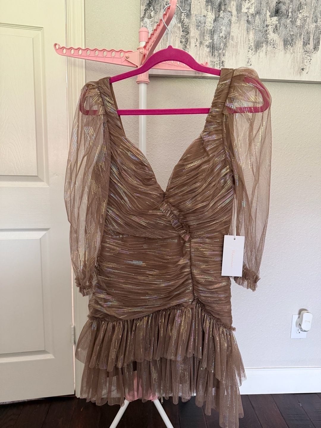 Rosevelvet Mocha Metallic Tulle Ruched Puff Sleeve Mini Dress