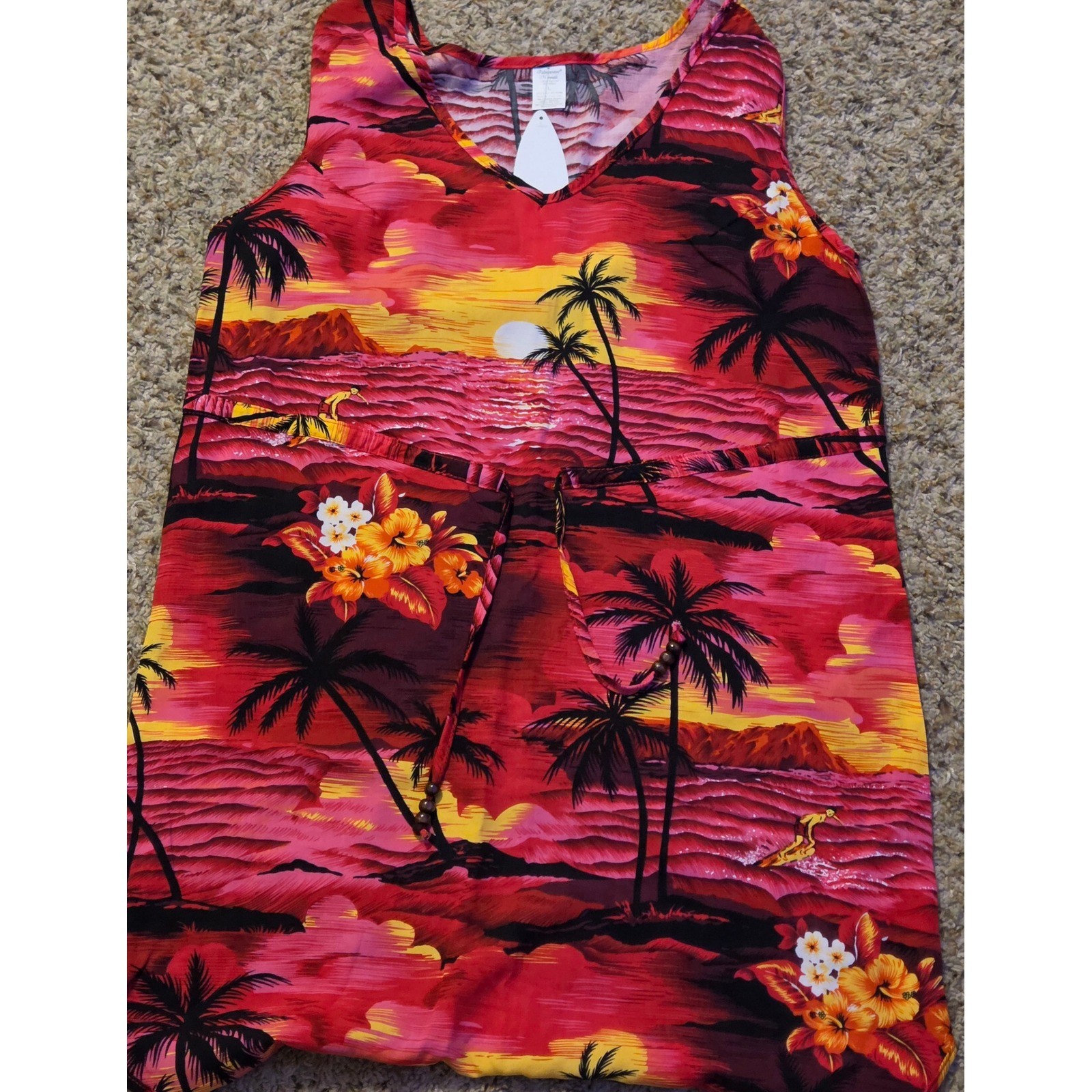 NWT Palmwave Sleeveless Hawaiian Print Dress Womens Size Large Drawstring Waist