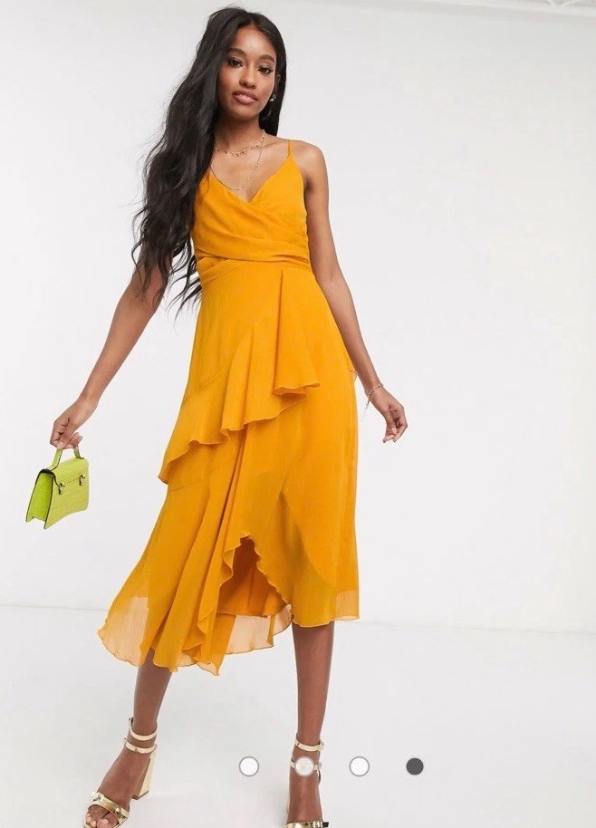 ASOS Yellow Solid V-Neck Ruffle Asymmetric Midi A-Line Dress US 8