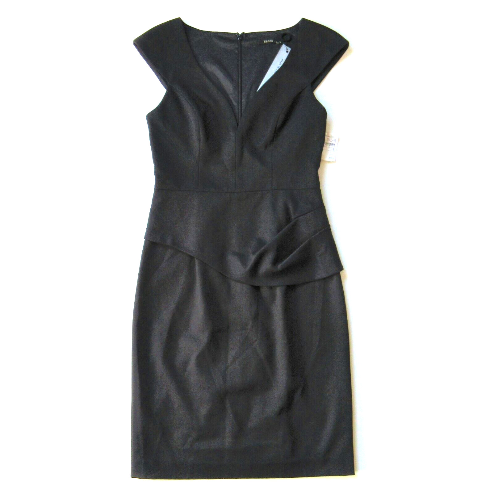 NWT Black Halo Dame in Black Peplum Side V-neck Tailored Stretch Sheath Dress 6