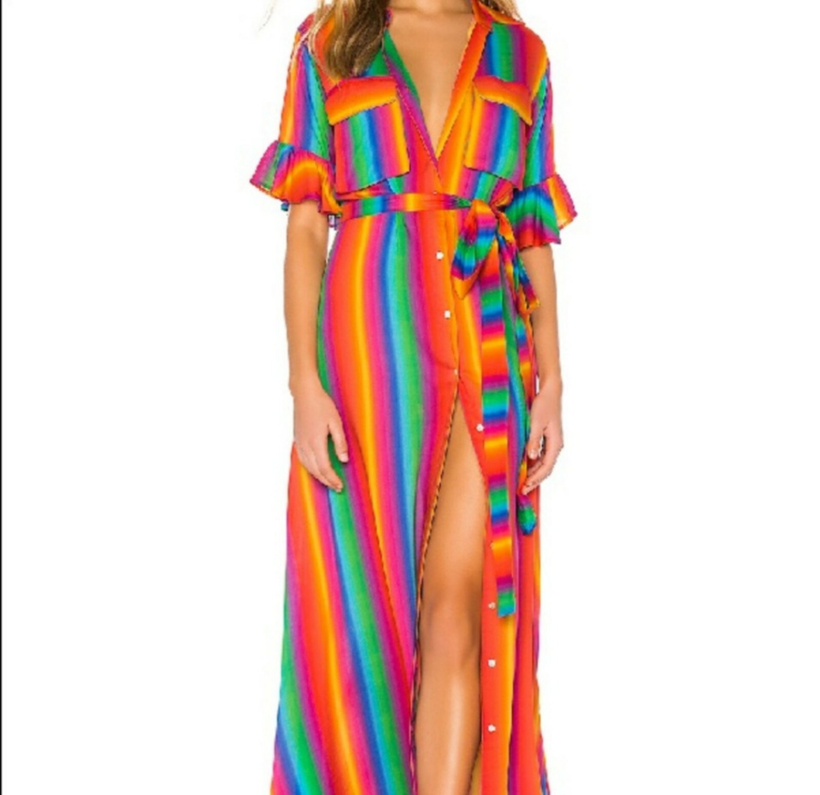 All Things Mochi Rainbow Stripe Leilani Maxi Button Up Shirt Dress XS *no belt*