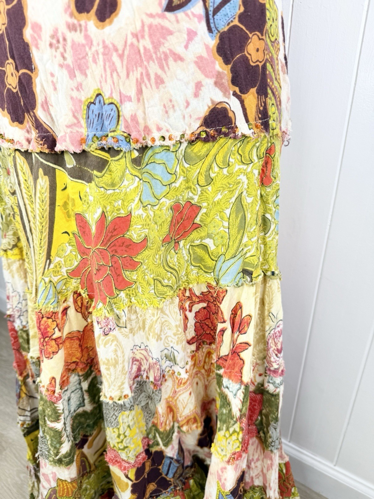 Alberto Makali Patchwork Dress Womens 14 Beaded Sequin Boho Artsy Hippie y2k