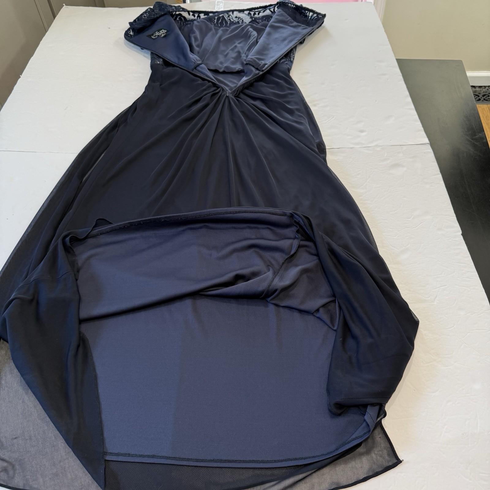 Alex Evenings Navy Blue Sequin Draped Short Sleeve Maxi Dress Size 10 Wedding