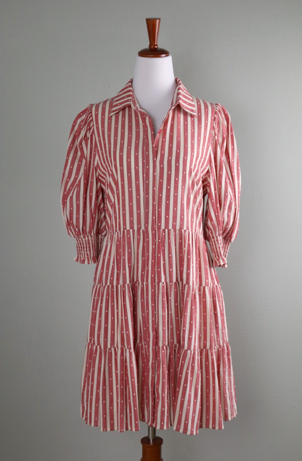 JOY JOY NWT $166 Red Striped Button Front Tiered Shirt Dress Size Small