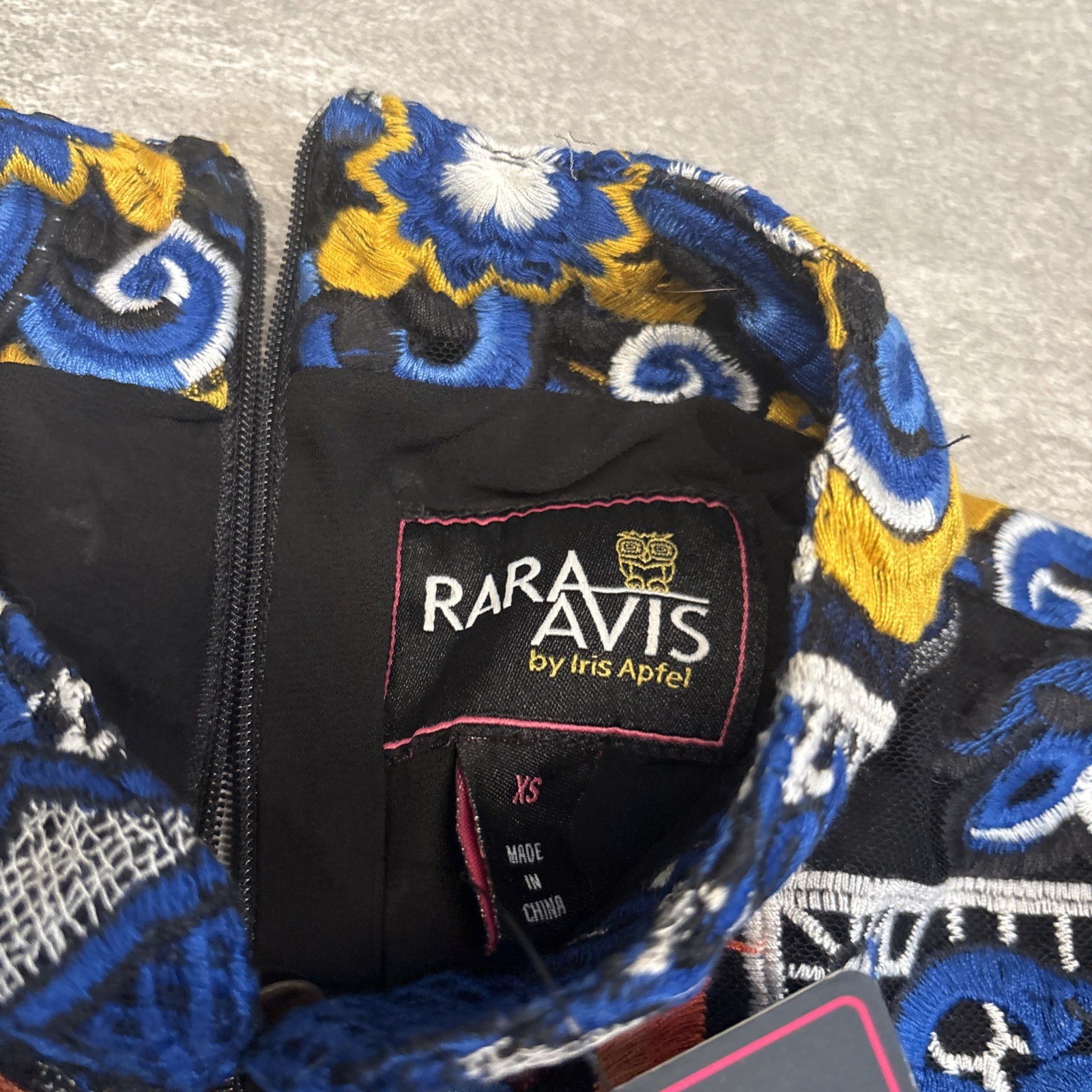 Rara Avis by Iris Apfel Kaftan Dress Maxi Embroidered Mesh Artsy Black Multi XS