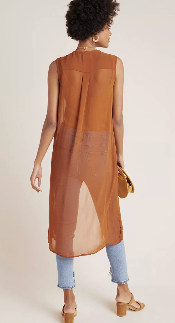 Maeve Meriwether Anthro Sheer Button Front Overlay Tunic Midi Dress Brown 2