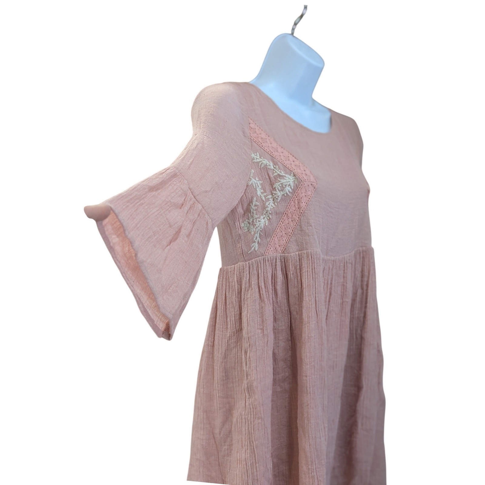 Tassels N Lace Pink Embroidered Bell Sleeve Babydoll Mini Boho Dress Small
